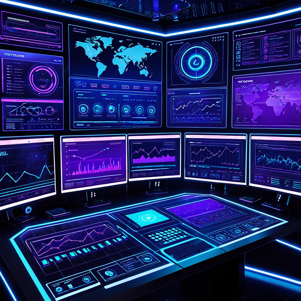 Futuristic network control room with holographic dashboards