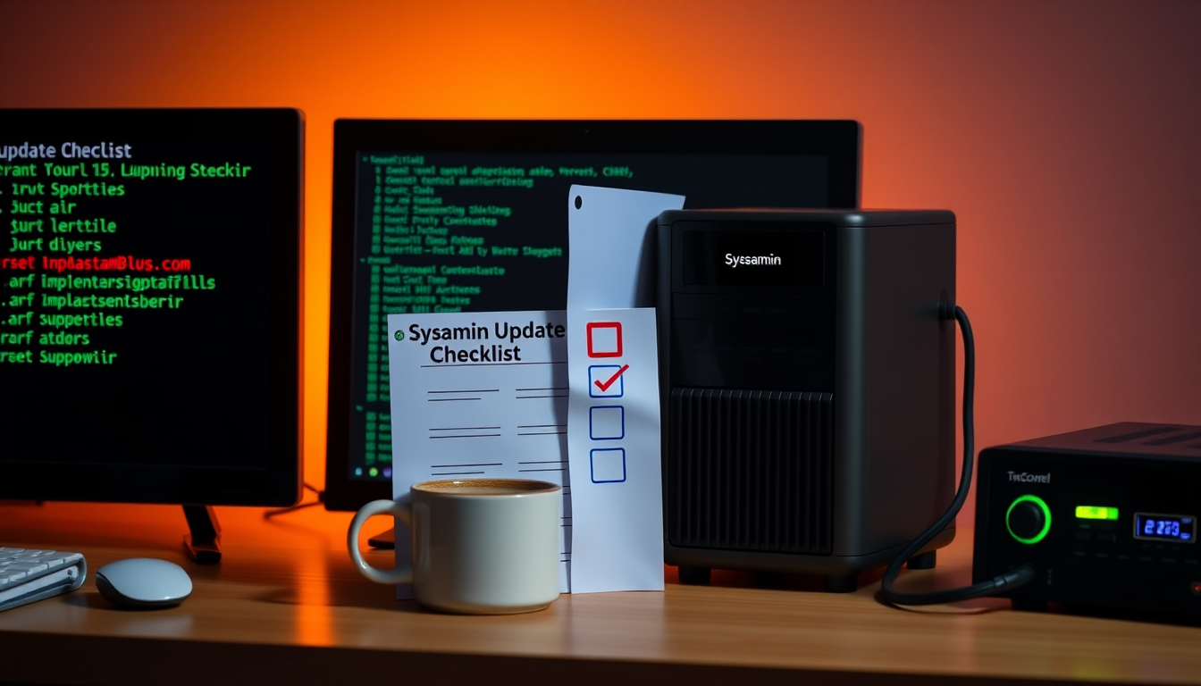 Sysadmin update checklist beside a small server and terminal