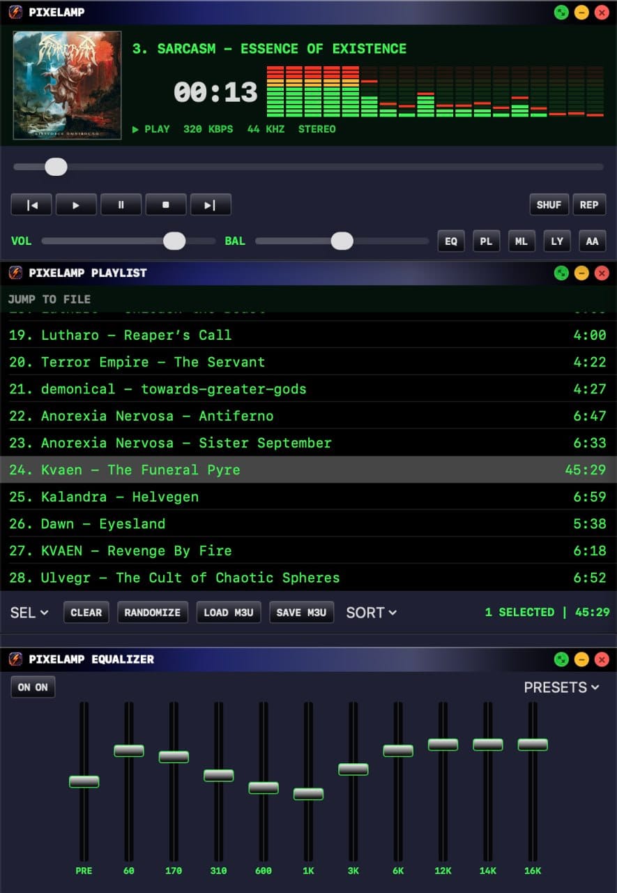 PixelAmp classic music player interface on macOS