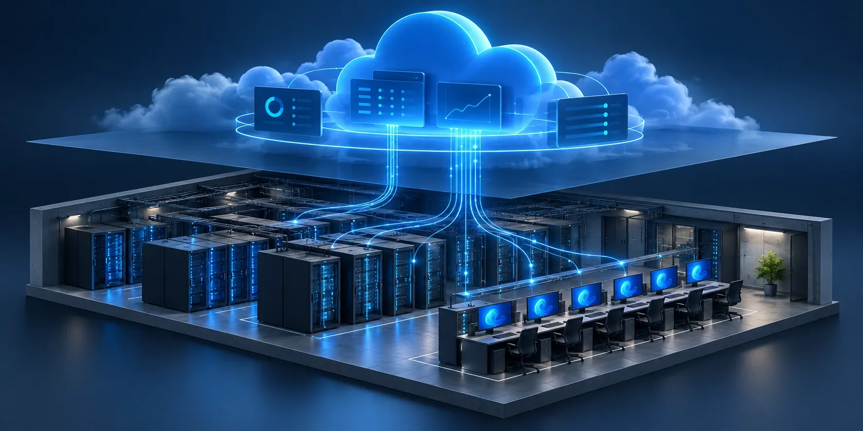 Cloud control connected to on-premises virtual desktop hosts.