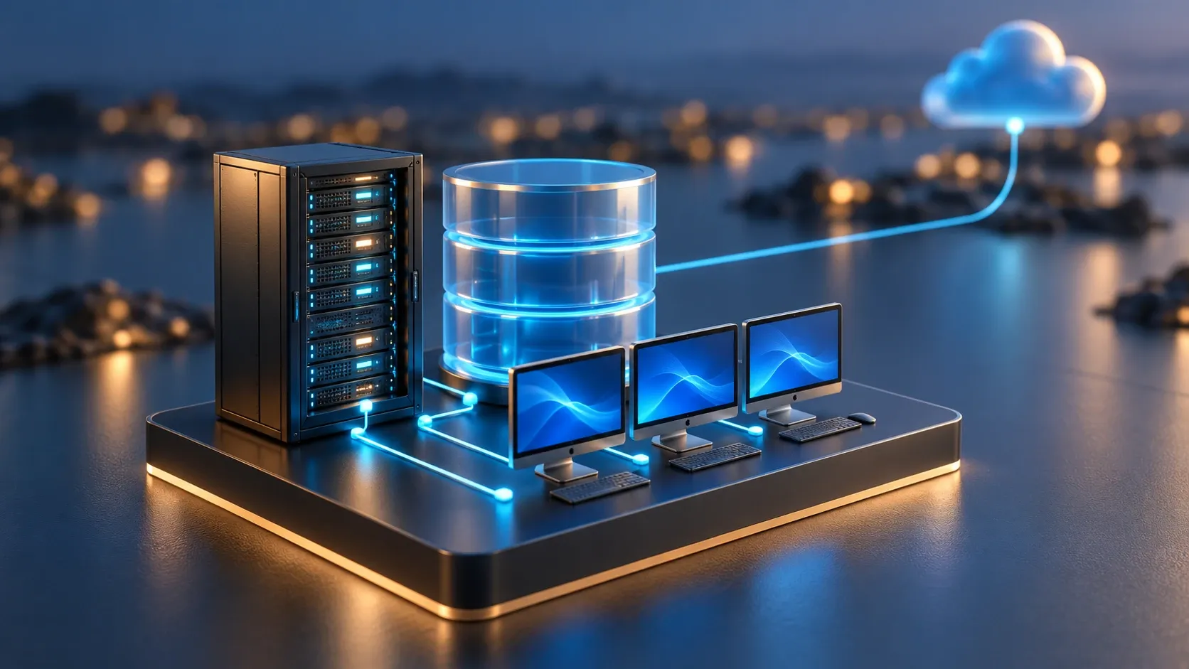Virtual desktops, a server rack and database grouped on the same local infrastructure.
