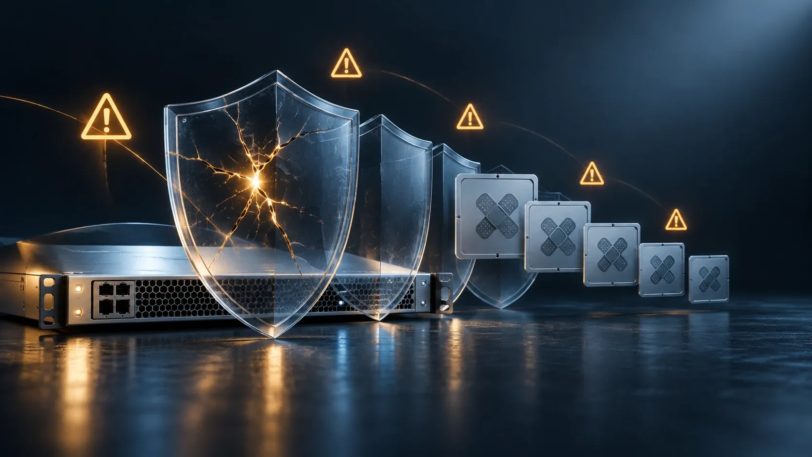 Illustration of a network appliance behind a cracked shield, warning signs and successive patches.