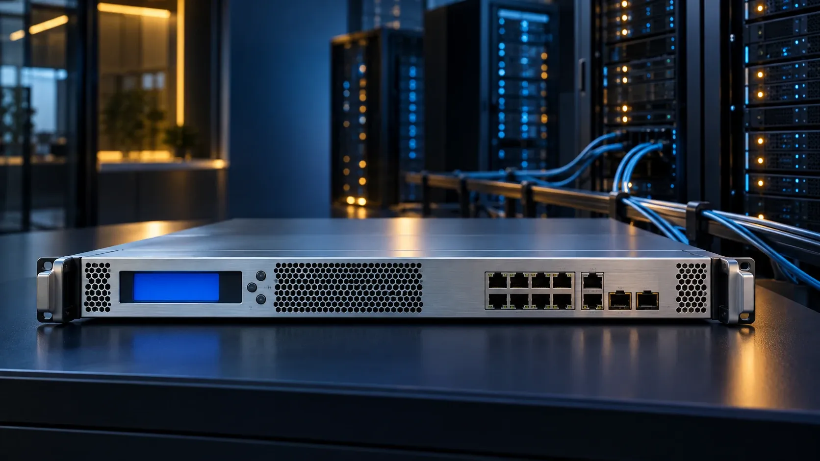 Illustration of a silver rack-mounted application delivery appliance connected to server racks.
