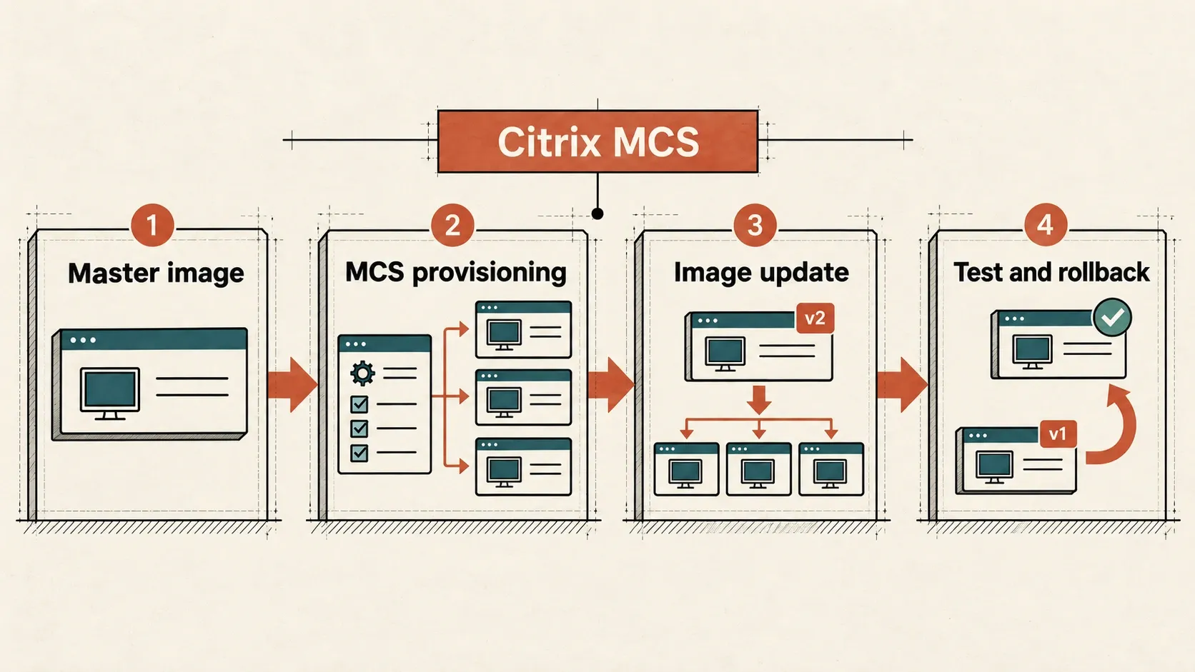 MCS is a machine lifecycle, not just a VM that boots: source image, provisioning, updates and a tested return to a previous image.
