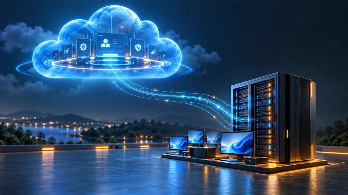 Concept illustration of Azure cloud control connected to locally hosted virtual desktops.