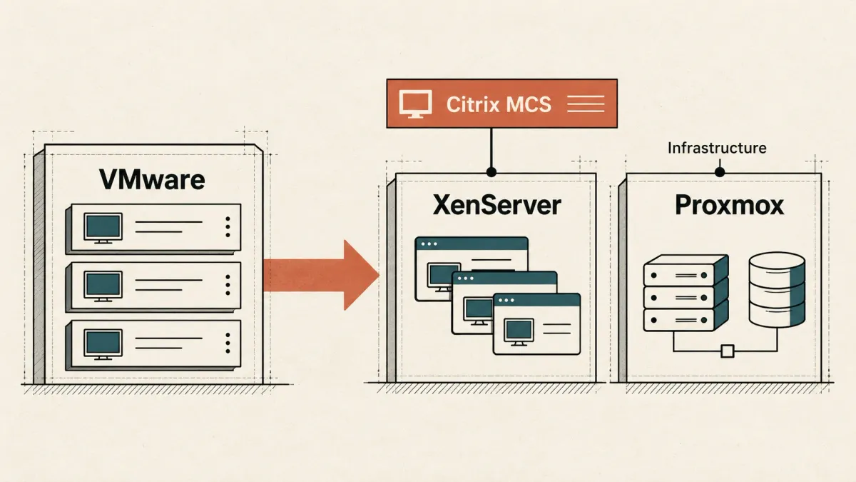 Editorial illustration of a VMware exit: Citrix MCS manages workloads on XenServer, while general infrastructure is hosted separately on Proxmox.