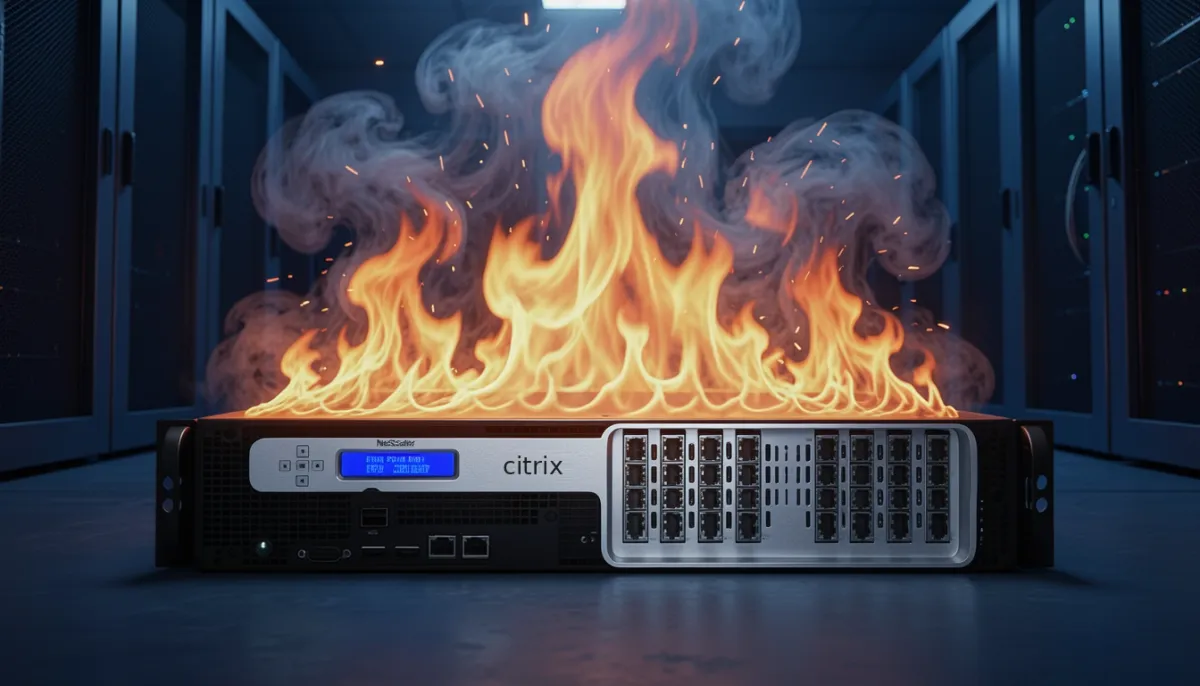 Editorial illustration of a Citrix NetScaler rack appliance with flames rising above its silver front panel and network ports