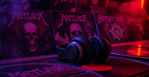 Heavy metal vinyl records and headphones in moody neon lighting