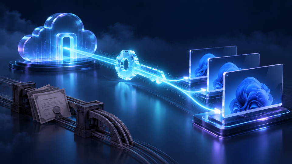 Conceptual illustration of an Entra identity token reaching Windows virtual desktops directly, beside an unused certificate bridge.