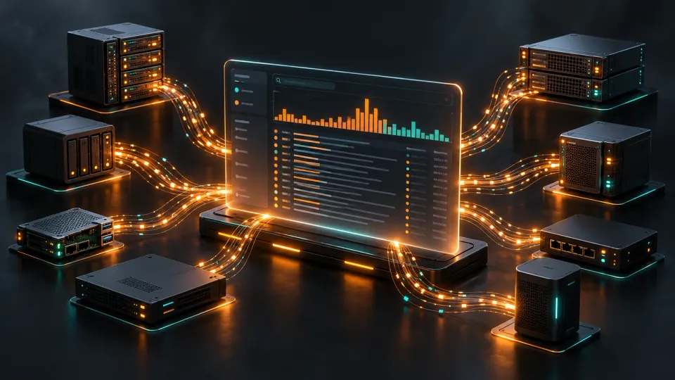 Illustration of homelab servers sending logs to a centralized Graylog search and analysis dashboard.